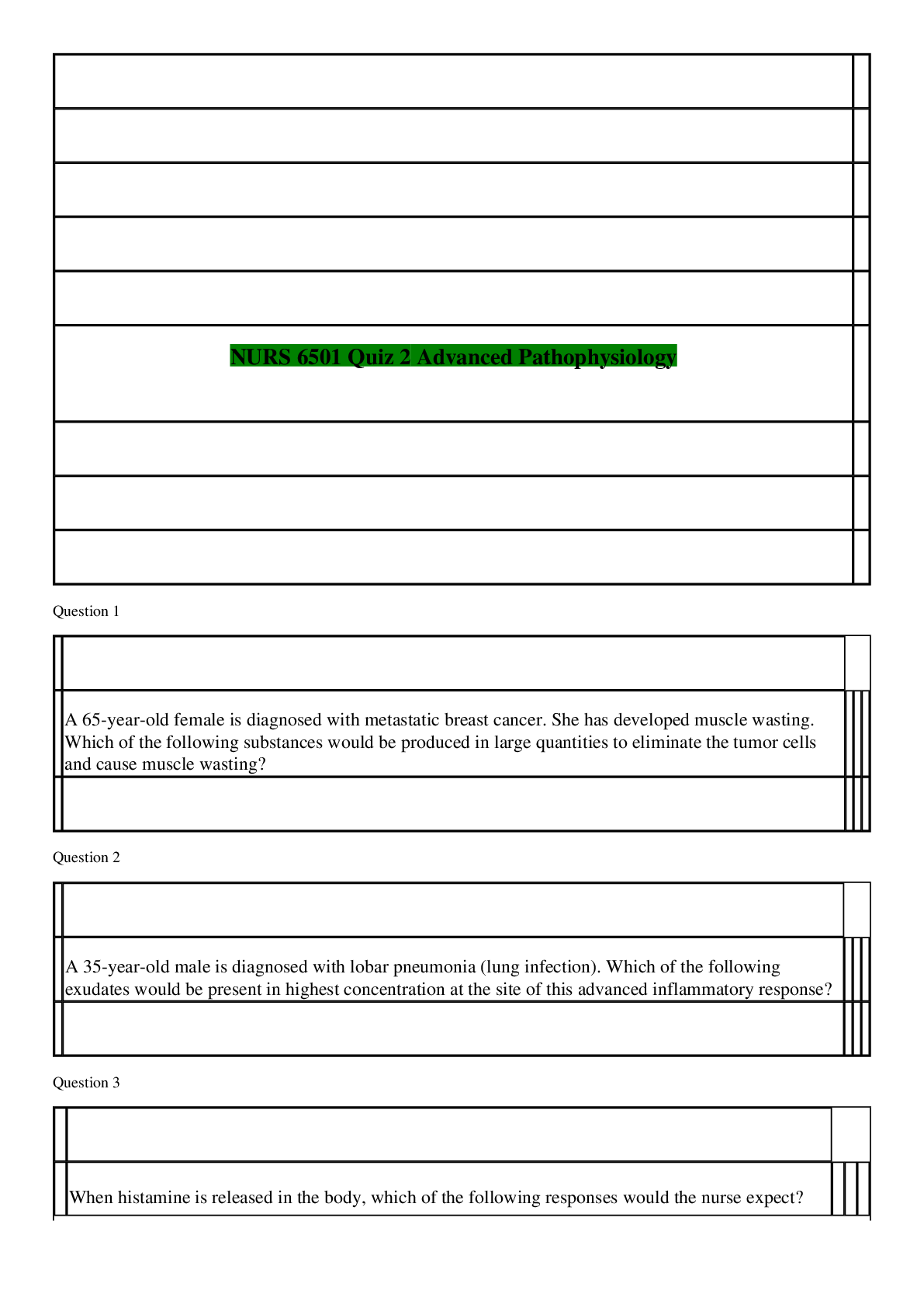 Preview of NURS 6501 Quiz 2 Advanced Pathophysiology